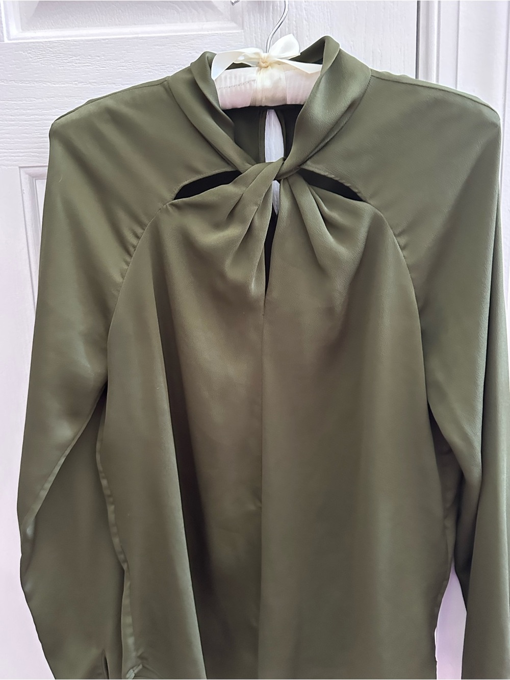 Banana Republic Olive Green Minimalist Twist Knot Blouse Keyhole Cutouts